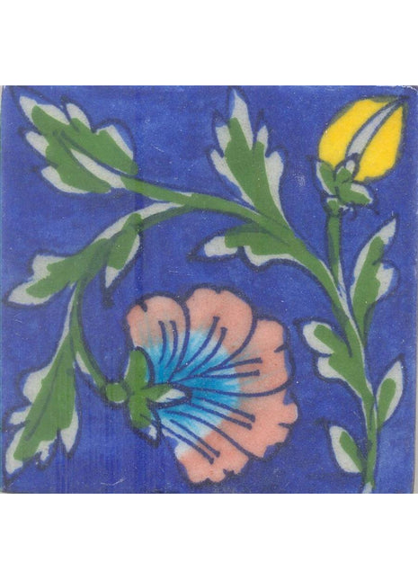 Turquoise and Brown Flower and Green leaf with Blue Base Tile