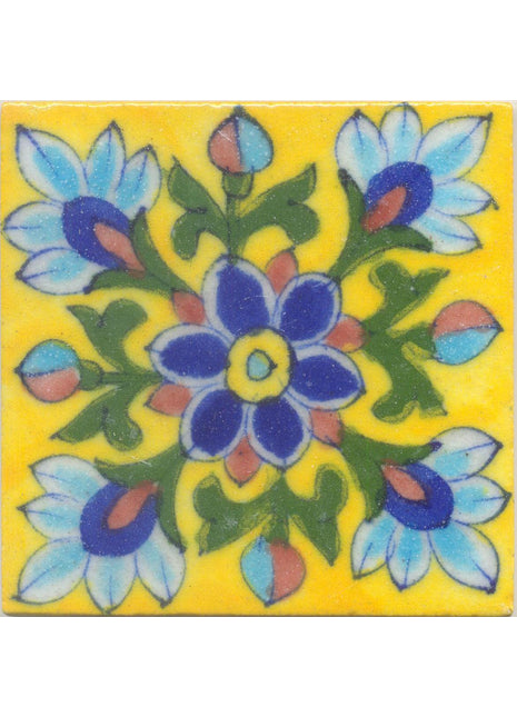 Turquoise, Blue and Brown Flowers and Green leaf with Yellow Base Tile