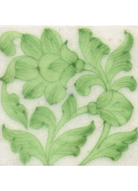 Lime Green Flowers and Leaf with White Base Tile