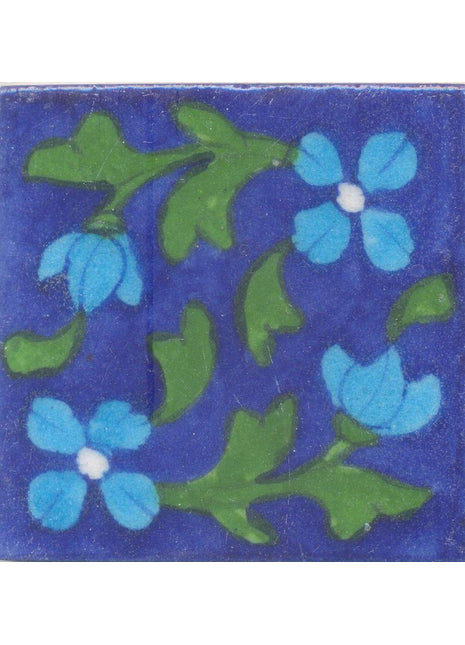 Turquoise Flowers and Green leaf with Blue Base Tile