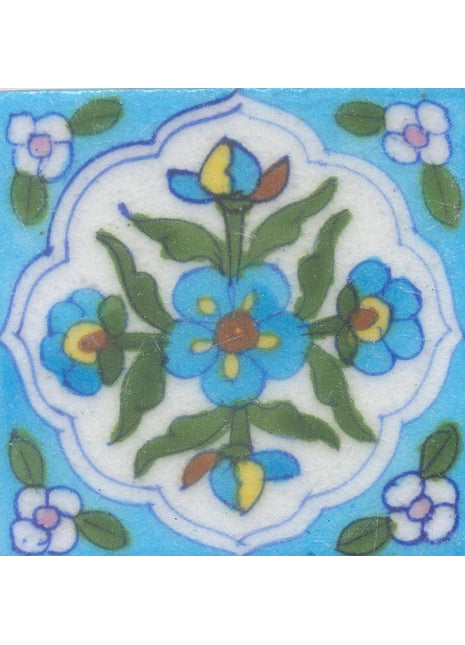 Turquoise,Yellow and Brown Flowers and Green leaf with Turquoise and White base Tile