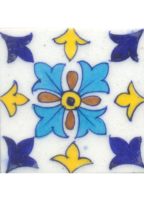 Blue,Yellow,Turquoise and Brown Flowers design with White Base Tile