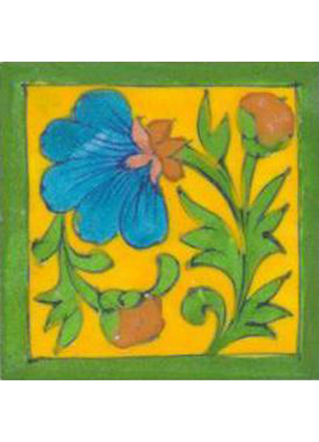 Turquoise and pink flowers with green border on yellow tile (3x3-bpt14)