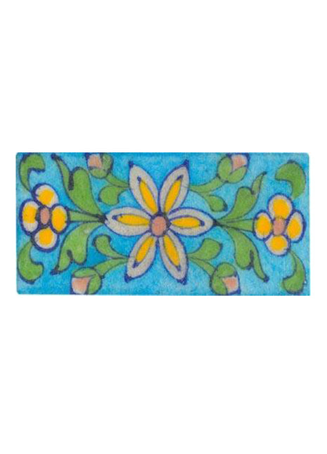yellow flowers and green leaves design turquoise tile
