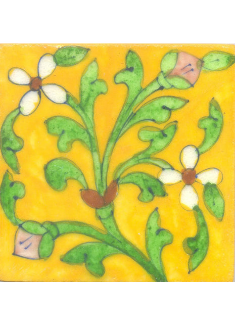 White Flowers and Green leaf with Yellow base Tile