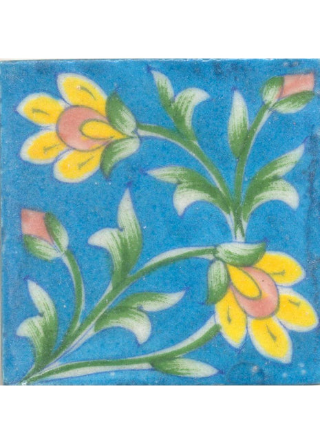 Yellow and Brown Flowers and Green leaf with Turquoise Base Tile