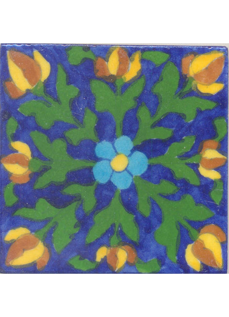 Brown,Yellow and Turquoise Flowers and Green leaf with Blue Base Tile