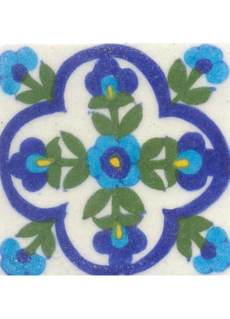 Turquoise and Blue Flowers and Green leaf with White base Tile