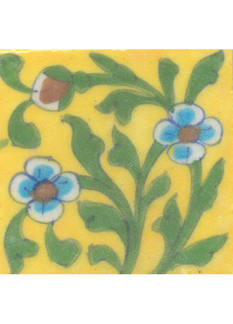 Turquoise and Brown Flowers and Green leaf with Yellow Base Tile