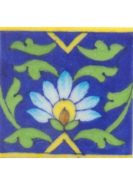 Yellow,Brown and Turquoise Flower and Green leaf with Blue Base Tile
