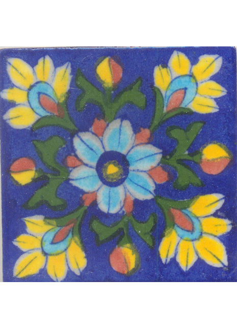 Yellow,Turquoise and Brown Flowers and Green leaf with Blue Base Tile