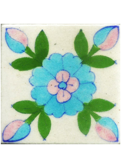 Handmade Floral Drawing Blue Pottery Tile