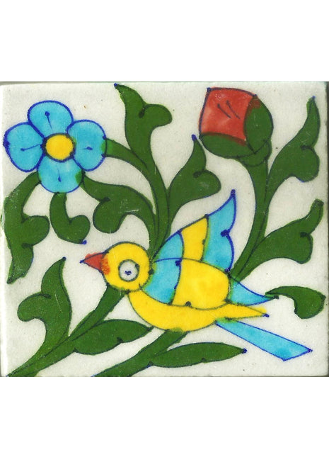 Handpainted Bird Design Kitchen Blue Pottery Tile