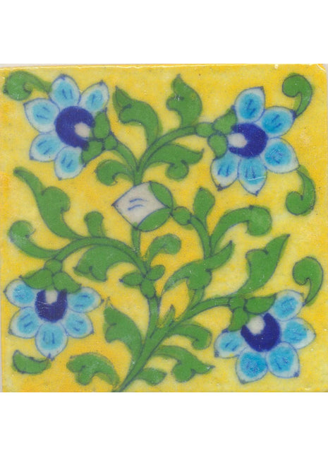 Turquoise and Blue Flowers and Green leaf with Yellow base Tile
