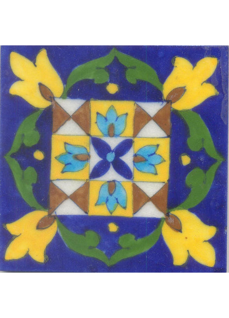 Yellow, Brown and Turquoise Flowers and Blue Base Tile