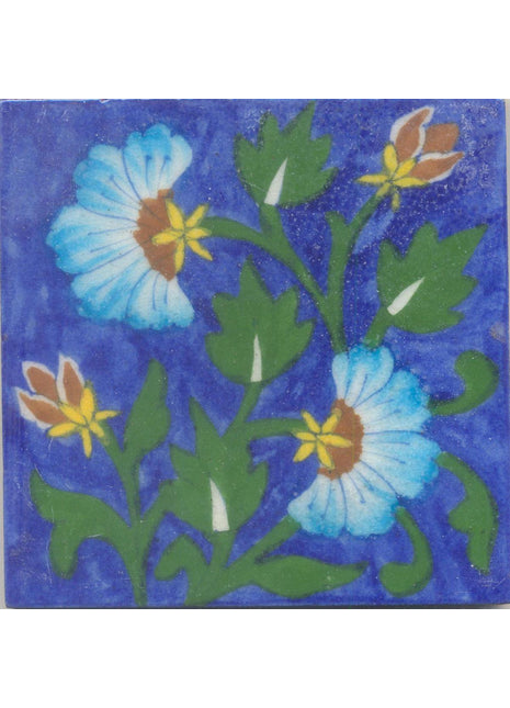 Turquoise, Brown and Yellow Flowers and Green leaf with Blue Base Tile