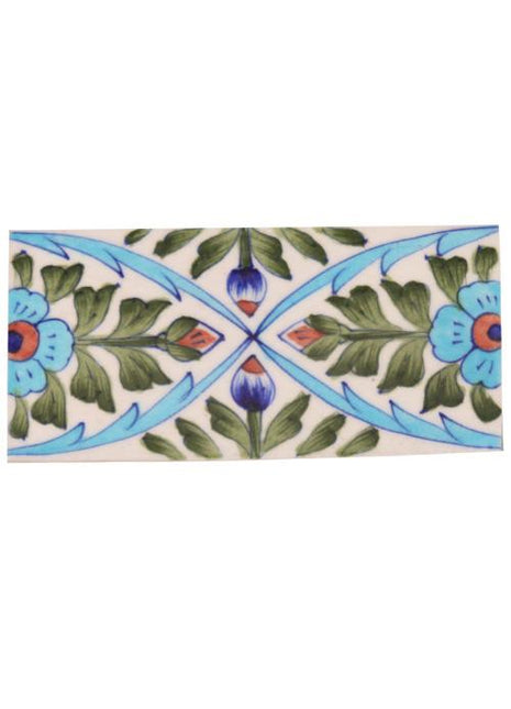 Turquoise Flowers and Lime Green leafs with White Base Tile