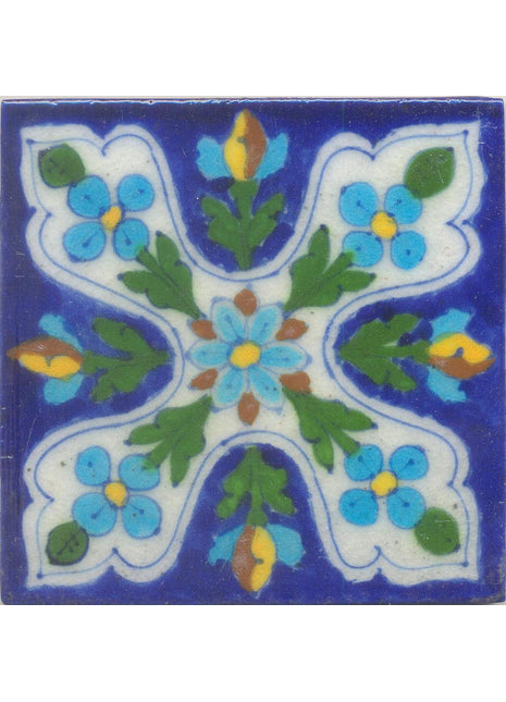 Turquoise, Yellow and Brown Flowers and Green leaf with Blue Base Tile