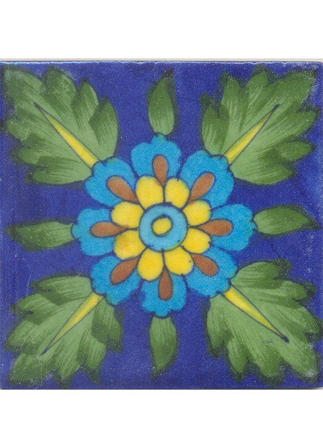 Green leaf and Yellow and Brown Flower with Blue Base Tile