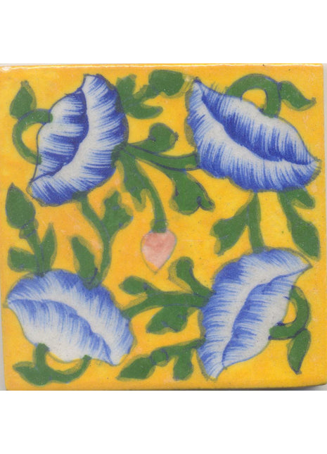 Blue Flowers and Green leaf with yellow Base Tile