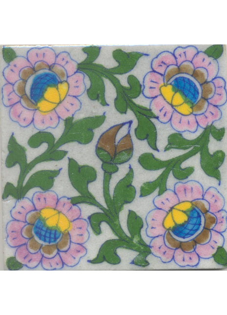 Pink, Yellow and Brown Flowers and Green leaf with White base Tile