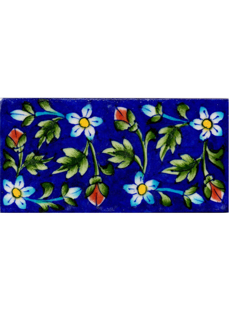 Turquoise Flowers and Green Leaves On Blue Base Tile