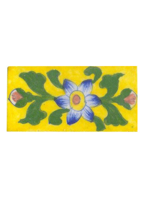 blue white shaded flower with big green leaves on yellow tile 2x4