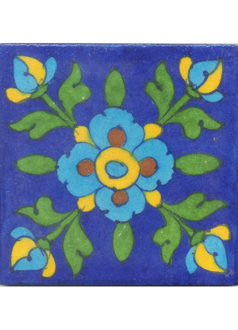 Turquoise,Brown and Yellow Flowers and Green leaf with Blue Base Tile