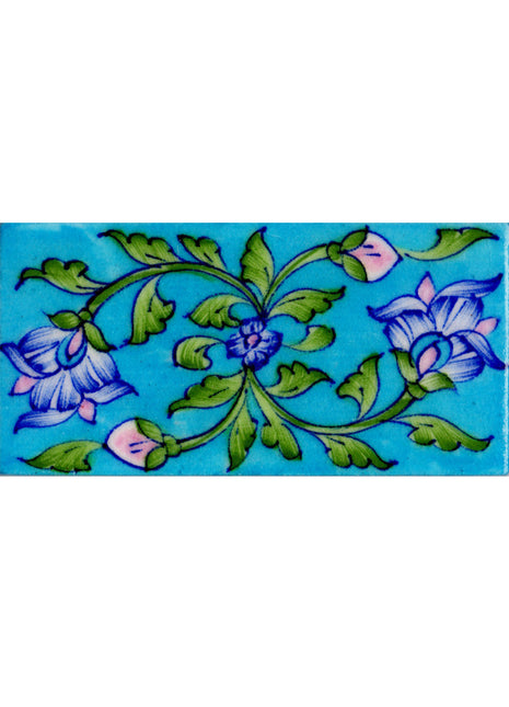 Blue Flowers and Green Leaves On Turquoise Base Tile