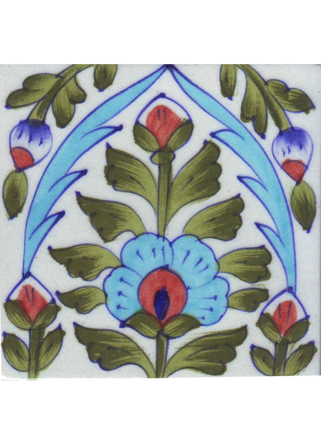 White Tiles With Green Leaf and Turquoise Flowers