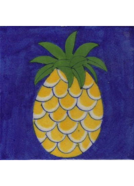 Yellow Pineapple Green Leaf Design With Blue Base Tile.