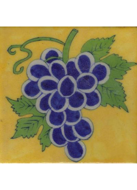 Blue Grapes Green Leaf Design With Yellow Base Tile