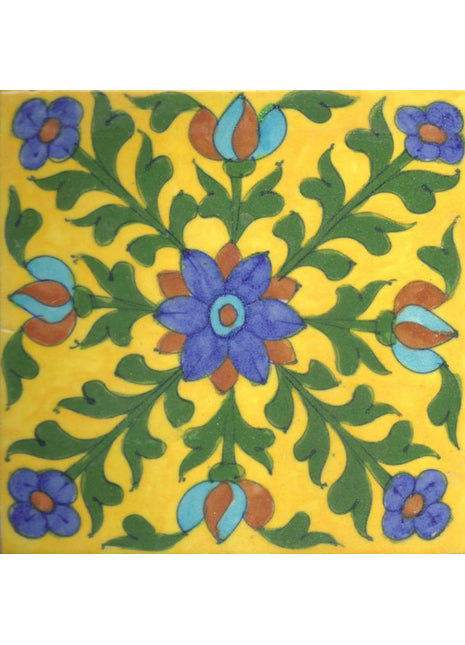 Lime blue flower and green leaves with yellow tile