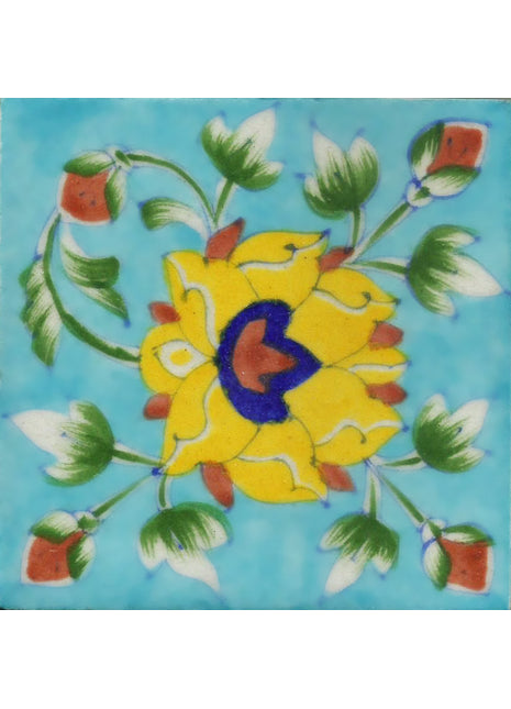 Yellow Flowers With Green Leaf on Turquoise Base Tile 4x4