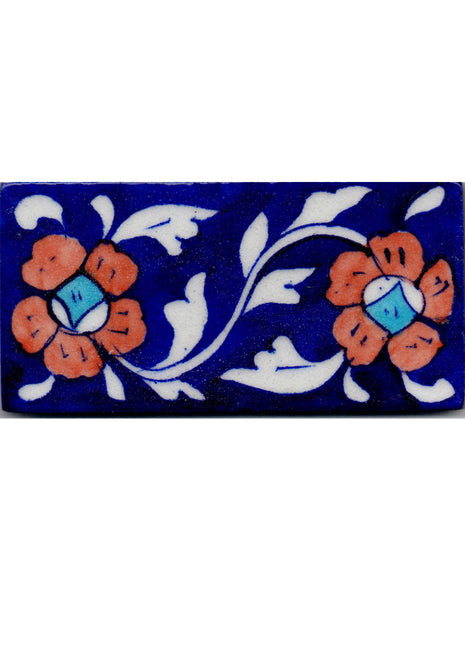 Brown Flowers With White Leaves On Blue Base Tile