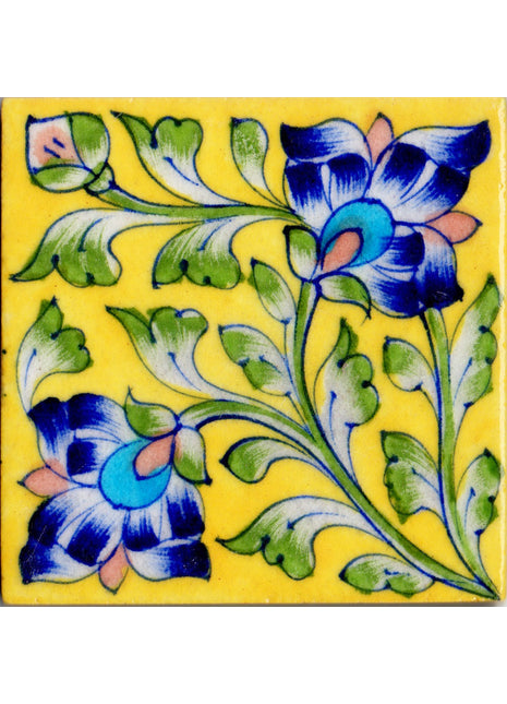 Blue Flowers and Green Leaves On Yellow Base Tile
