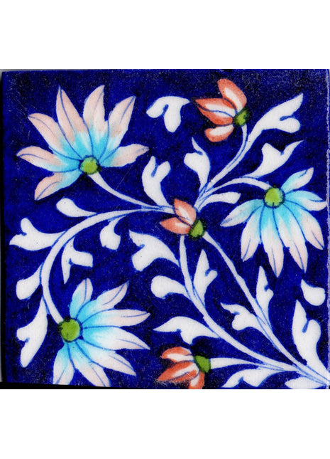 Turquoise Flowers and White Leaves On Blue Base Tile