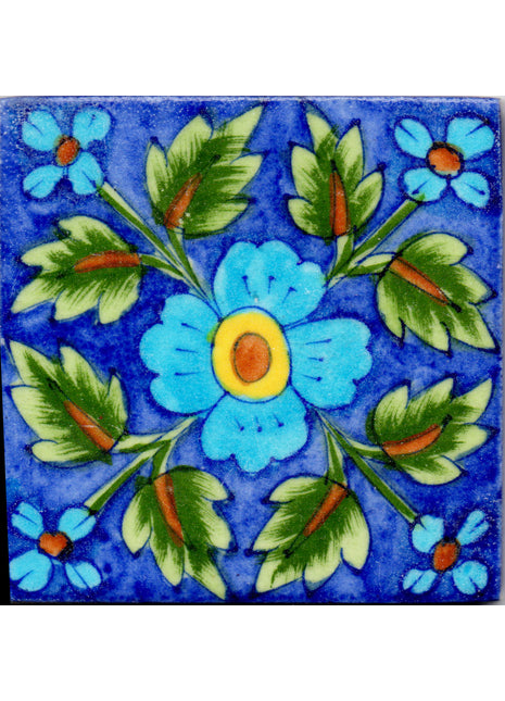 Turquoise Flower and Green Leaves Design On Blue Base Tile