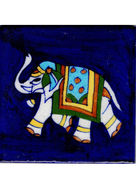 Elephant Design Handpainted Blue Pottery Tile