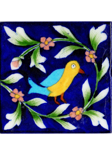 Bird and Green Leaves Design On Blue Base Tile