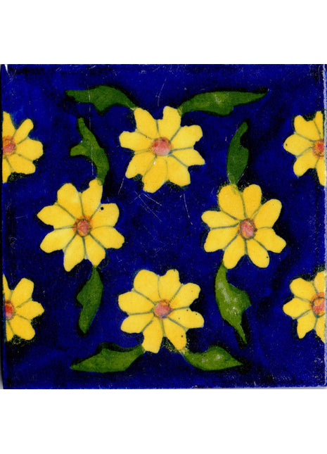 Yellow Flowers and Green Leaves Design On Blue Base Tile
