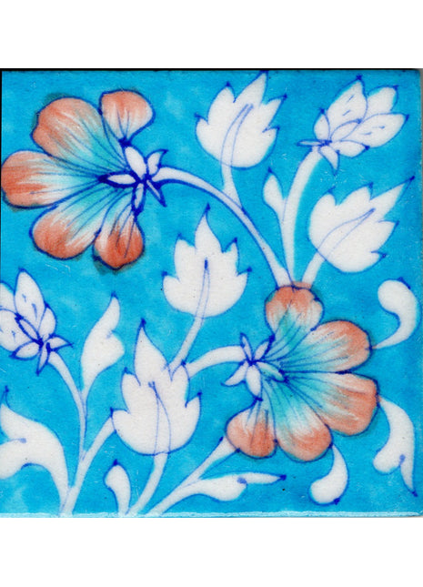 Red Flowers and White Leaves On Turquoise Base Tile