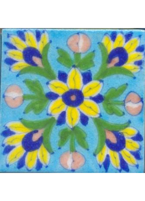 Yellow, blue, green flower on turquoise tile (3x3-bpt22)