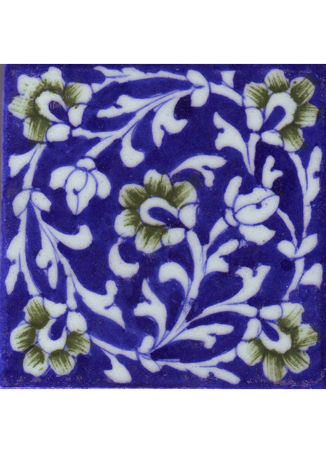 Green flowers with white leaves on blue tile (4x4-bpt22)