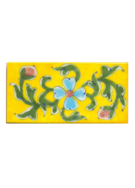 Turquoise, Pink Flower and Green leaf with Yellow Base Tile