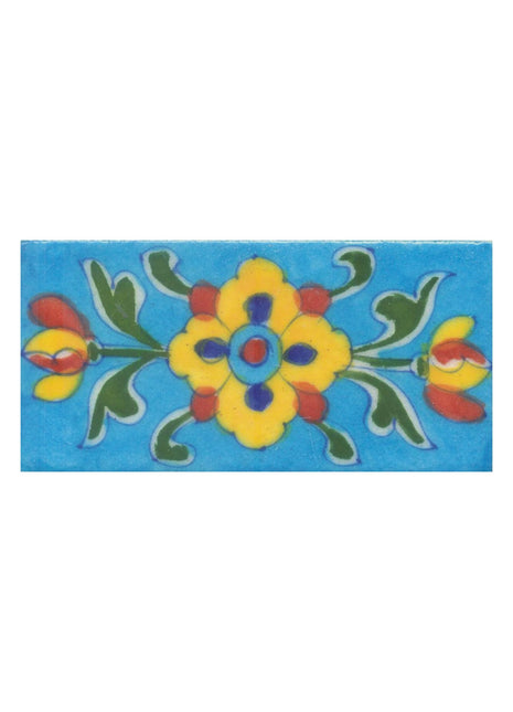 Yellow,Blue and Brown Flowers and Green leaf with Turquoise Base Tile