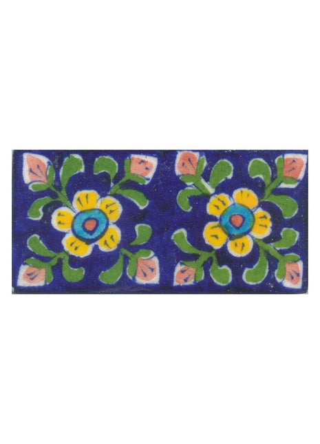 Yellow,Blue and Brown Flowers and Green leaf with Blue Base Tile