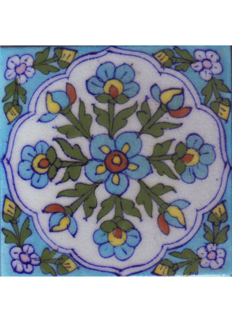 White tile with turquoise,yellow,green flower and corner's design (4x4)