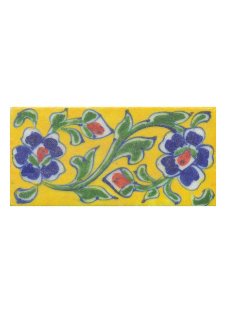 Blue and Brown Flowers and Green leaf with Yellow Base Tile