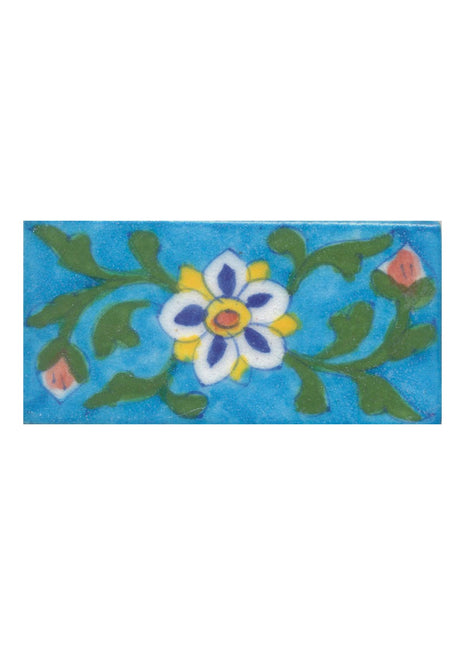 Yellow,Blue,Brown and White Flower and Green leaf with Turquoise Base Tile